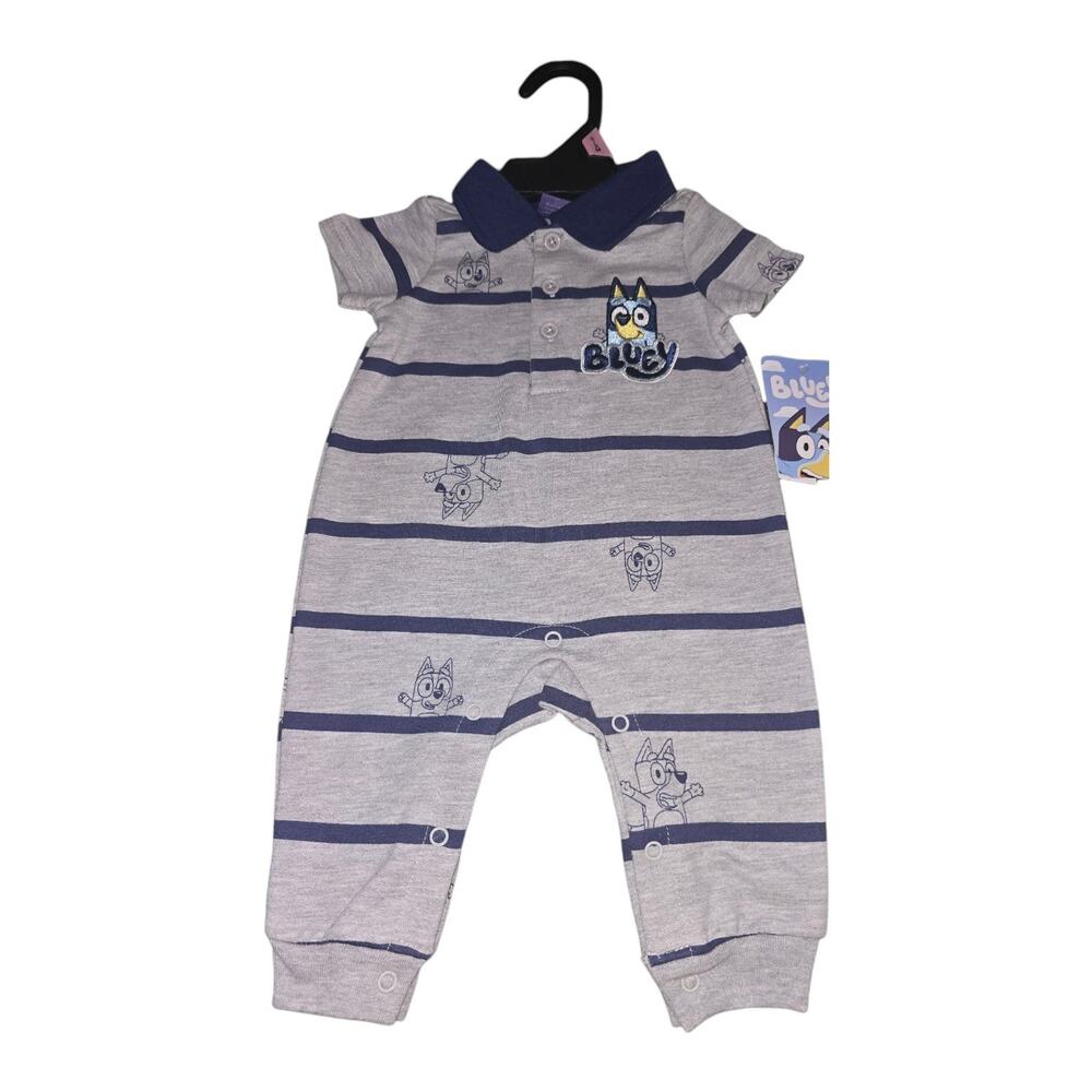 Bluey Baby Boy Short Sleeve Romper SZ 12M striped blue gray NWT